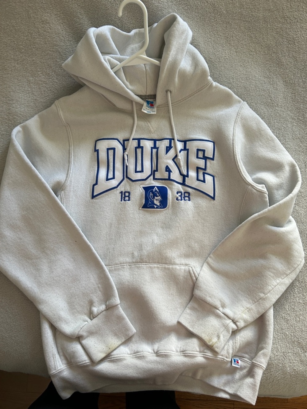 Russell Athletic White Hoodie with Blue “DUKE” team Appliqué